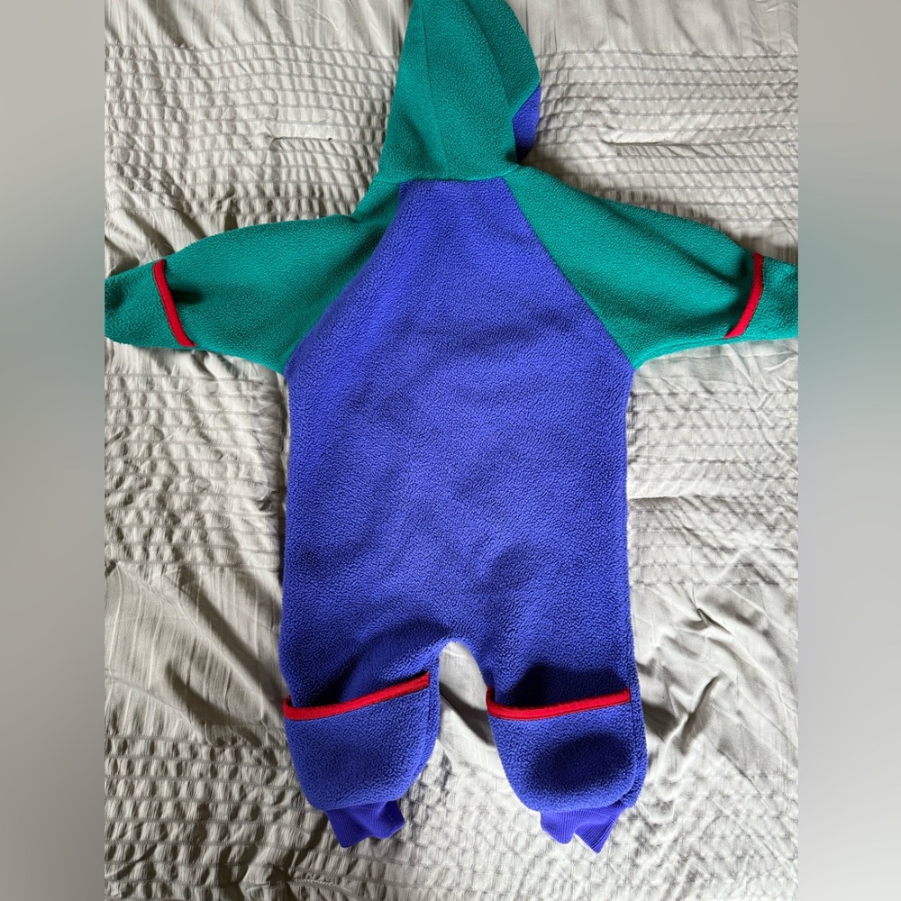 L.L. Bean Vintage Kids Fleece Bunting Toddlers 12M Green Blue Hood Color Block - Picture 5 of 7